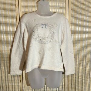 Orvis Vintage 1990s Y2K Ivory Sweater Wreath Snowflake Embroidery Beading XL